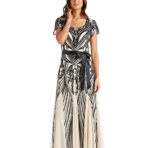 R & M Richards Sequined Belted Dress Champagne/Black Size 18 - Picture 3 of 4